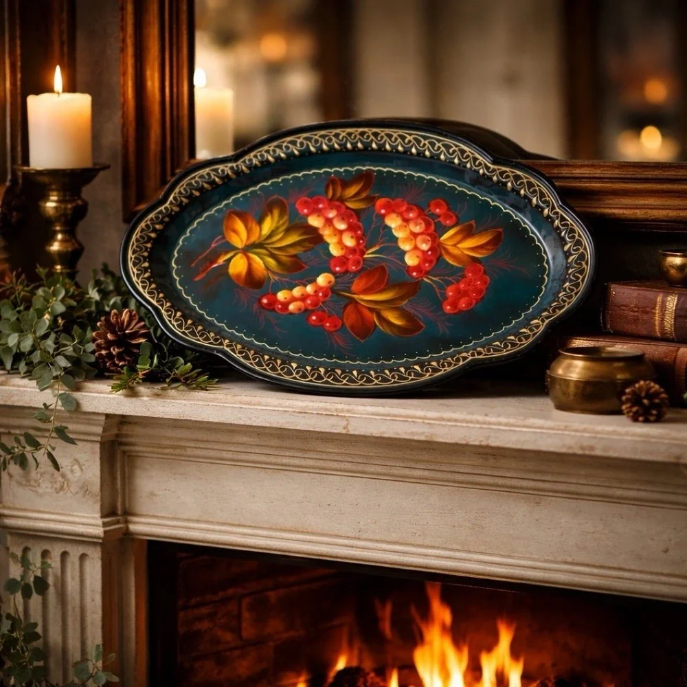 Vintage Zhostovo-Style Hand Painted‎ Oval Metal Tray Berry Folk Art Scalloped